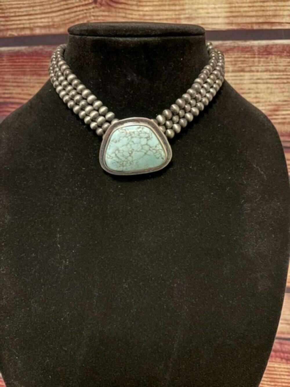 Luner Deer Western Turquoise Navajo Pearl Choker Necklace Silver NWT